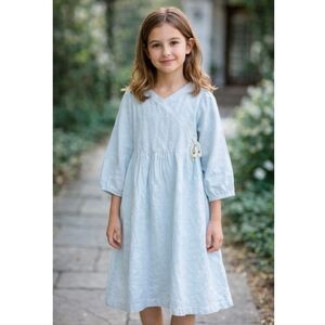 HADAS Linen Cotton Blend Light Blue Girls Dress Sz 14 Brand New
